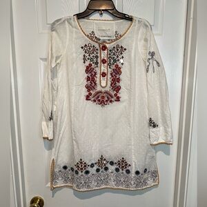 Odd Molly White Top with Blue and Brown Embroidery. Size 1